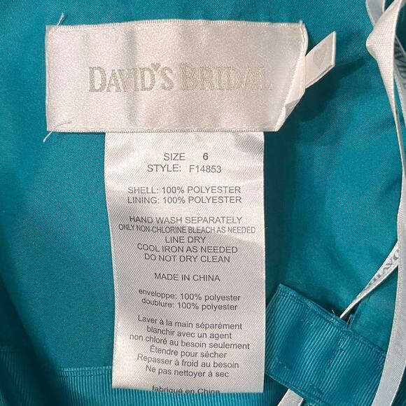 David's Bridal Satin A Line Draped Gown Beaded Neckline Strapless Turquoise - Picture 12 of 13
